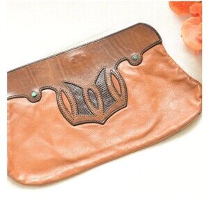 Vtg Navajo Leather Clutch w/ Turquoise Stones Brown Tan Leather Latigo Cowhide
